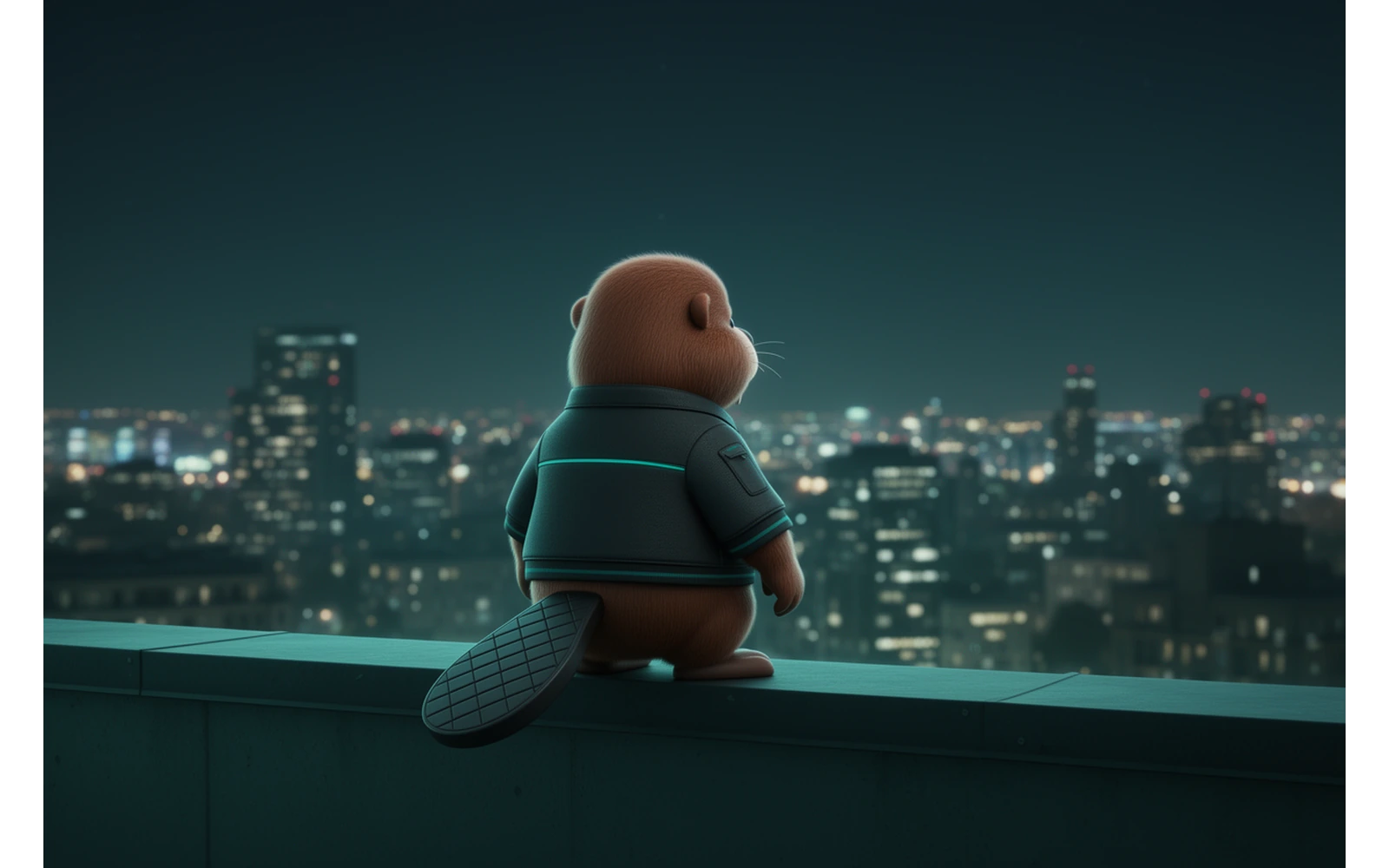 Mod the Beaver standing watch over a city at night
